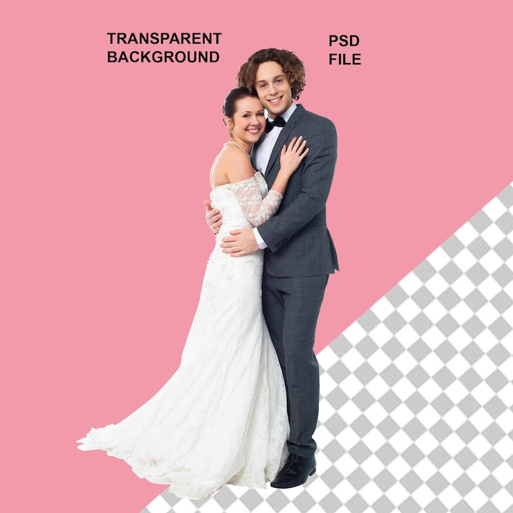 PSD un couple de mariés en train de profiter de leur mariage tenant une fleur sur un marrerid avec un fond transparent