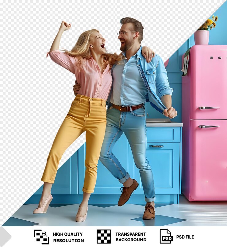 PSD un couple mature unique dansant dans la cuisine et regardant excité png