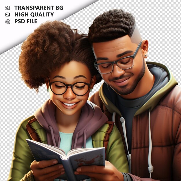 PSD couple noir lisant en 3d sur fond blanc dans le style de dessin animé