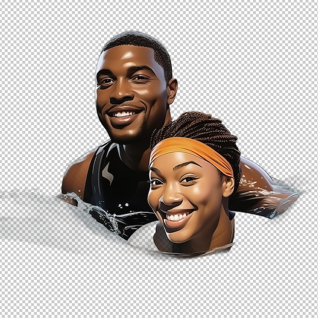 PSD couple noir nageant en 3d dans un fond transparent de style dessin animé