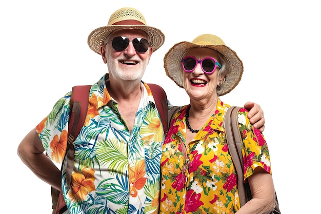PSD couple de personnes âgées en tenue tropicale profitant de la retraite arrière-plan transparent