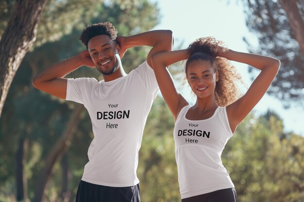 PSD un couple de psd en plein air dans la nature portant une maquette de t-shirt