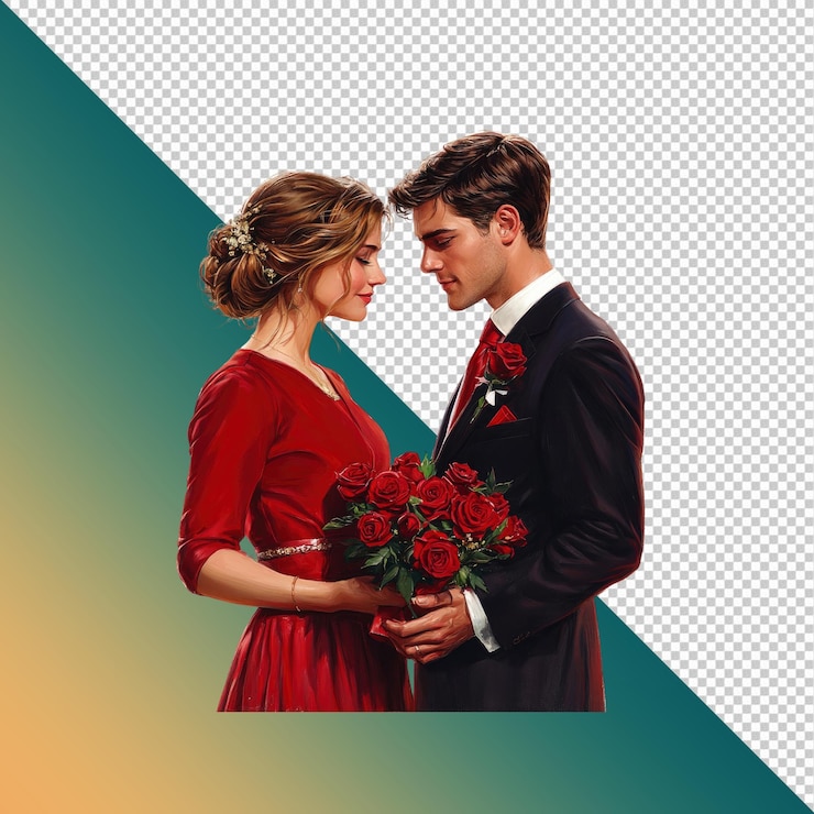 PSD un couple romantique en rouge embrasse passionnément avec des roses
