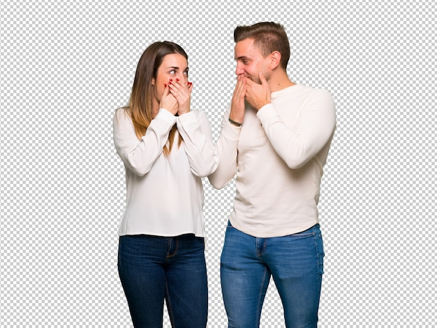 Couple, Saint Valentin, Couvrir, Bouche, à, Mains