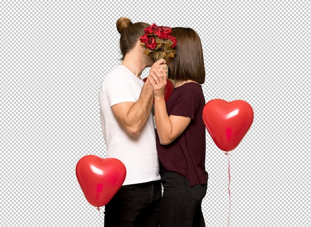 PSD couple en saint valentin avec des fleurs et des baisers