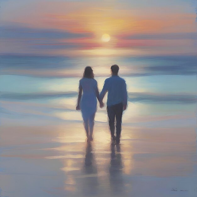 PSD couple se tenant la main sur la plage au coucher du soleil couleurs pastel dans un style impressionniste aigénéré