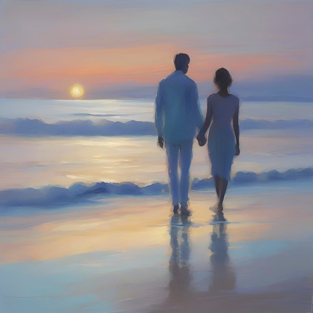 PSD couple se tenant la main sur la plage au coucher du soleil couleurs pastel dans un style impressionniste aigénéré