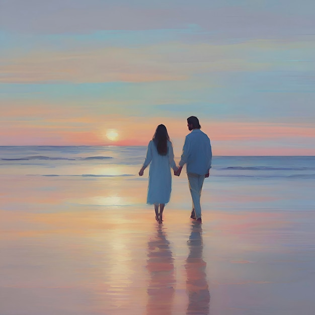 PSD couple se tenant la main sur la plage au coucher du soleil couleurs pastel dans un style impressionniste aigénéré