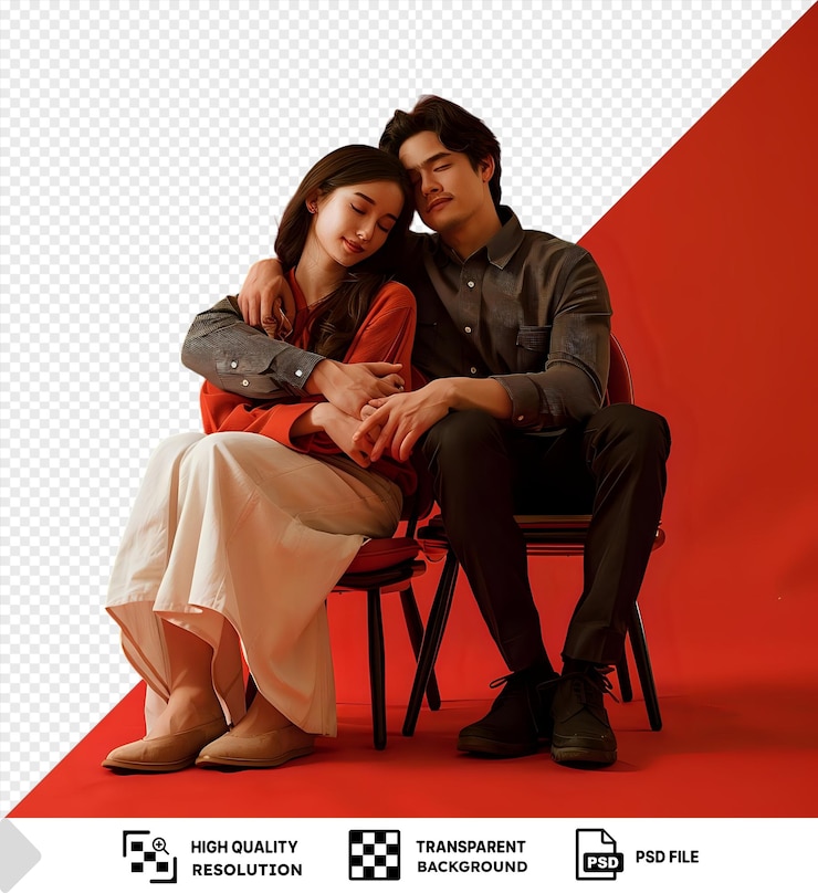 PSD couple sitting together on chairs with a red background isolated