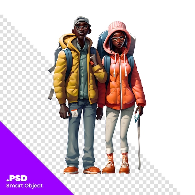 PSD couple de touristes avec des sacs à dos marchant dans la forêt d'hiver modèle psd d'illustration vectorielle