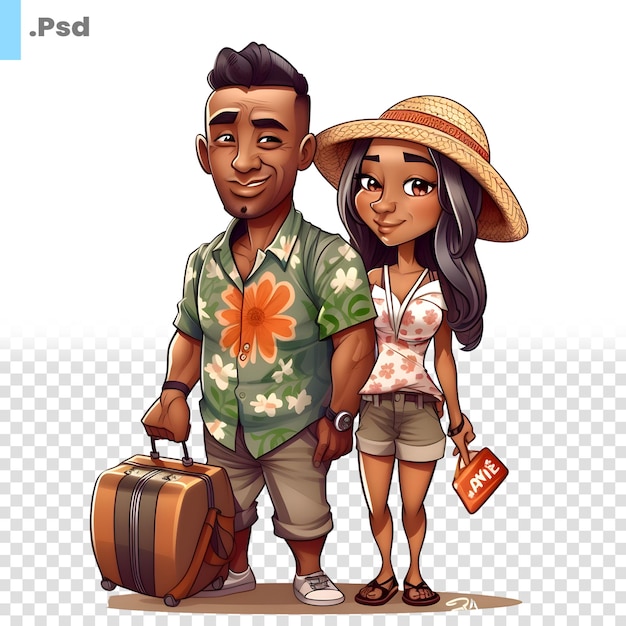 PSD couple de touristes avec une valise et une carte modèle psd d'illustration vectorielle