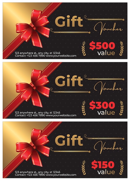 Coupon de chèque-cadeau élégant avec ruban rouge doré