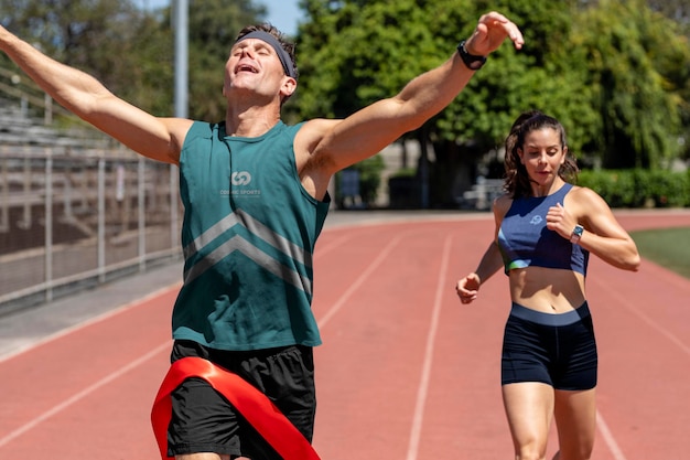 Un coureur remporte une compétition d'athlétisme avec les bras ouverts.