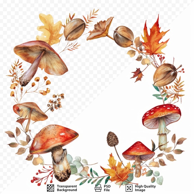PSD couronne d'automne bohème aquarelle d'images de champignons avec des éléments floraux glands et feuilles d'automne isolées sur fond blanc isolé image boho dessinée à la main aquarelle graphique parfait pour di