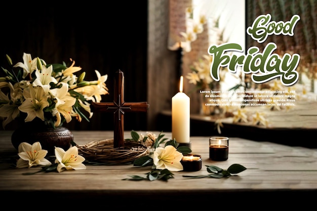 PSD couronne de croix en bois d'épines et de lys en fleurs sur la table contre un fond clair