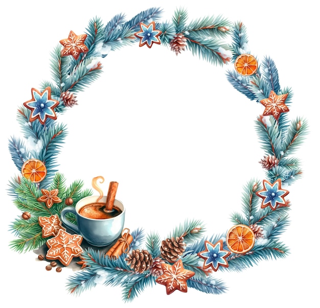 PSD couronne décorative de noël branches de sapin avec cônes illustration à l'aquarelle