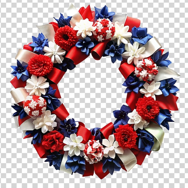 PSD une couronne patriotique avec des fleurs rouges, blanches et bleues sur un fond transparent