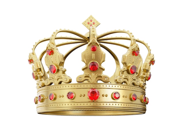 PSD couronne royale dorée 3d avec diamants rouges sur fond isolé couronne d'or royale texturée illustration du rendu 3d