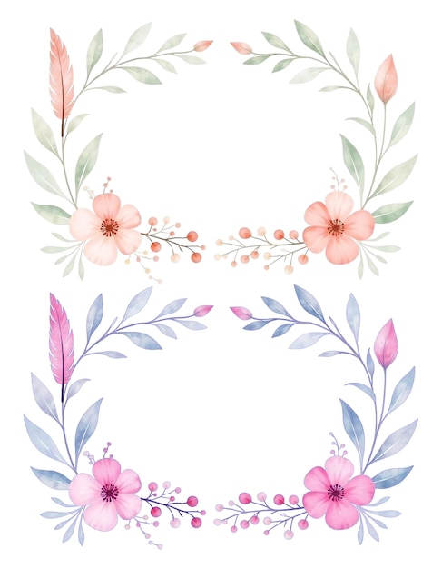 Des couronnes florales à l'aquarelle avec des fleurs roses et pêches