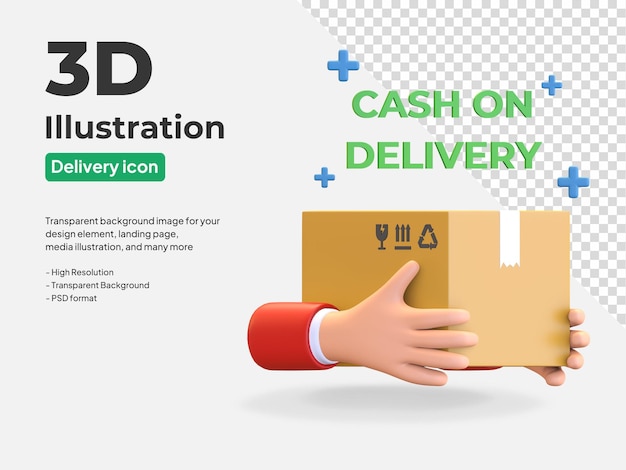 Courrier à la main transportant la boîte de colis en espèces à la livraison icône du service de rendu 3d illustration