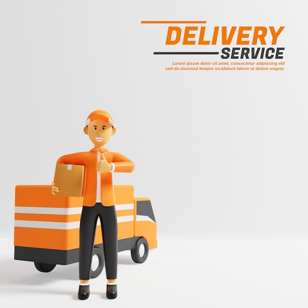 Courrier de service de livraison de dessin animé 3d prêt à livrer des colis par camion