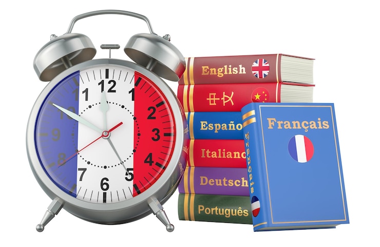 PSD cours de français concept de leçons livres avec réveil temps d'apprendre la langue française rendu 3d isolé sur fond transparent