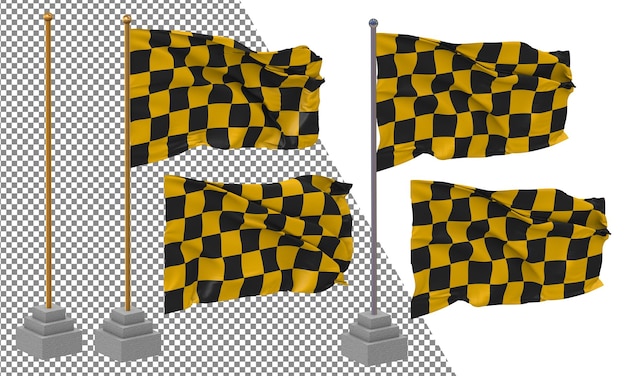 Courses drapeau à carreaux noir et jaune agitant un style différent avec un poteau de support rendu 3D isolé