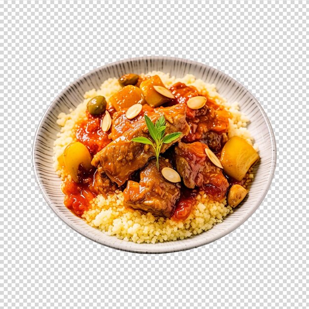 Couscous mit süß-saurer Tomatensauce auf transparentem Hintergrund