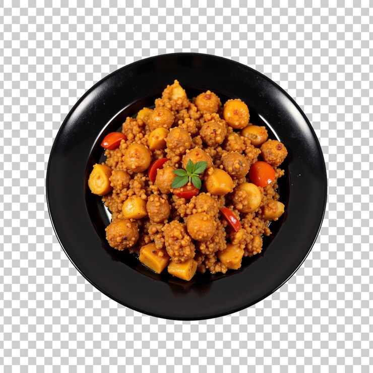 PSD couscous de perlas con verduras en un plato negro sobre un fondo transparente