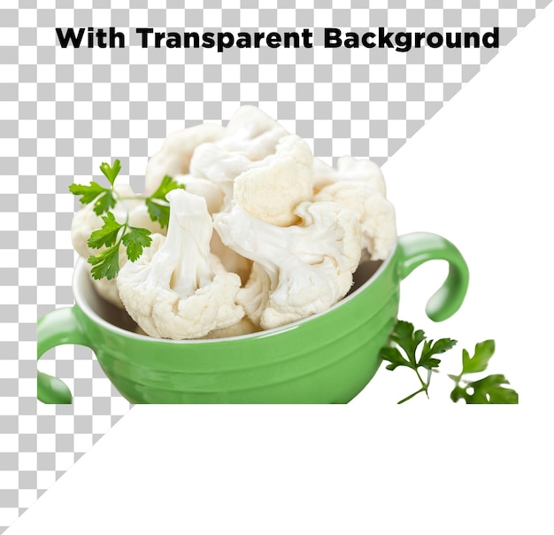 Couve-flor ou pedaços de couve-fruto em tigela verde PNG PSD Isolado em fundo transparente