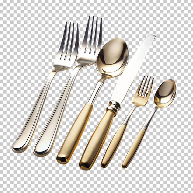PSD couverts 3d réalistes fourchettes et couteaux ou cuillères objets métalliques isolés pour la mise en place de la table sur un fond transparent vue supérieure de l'assiette d'argenterie en acier inoxydable