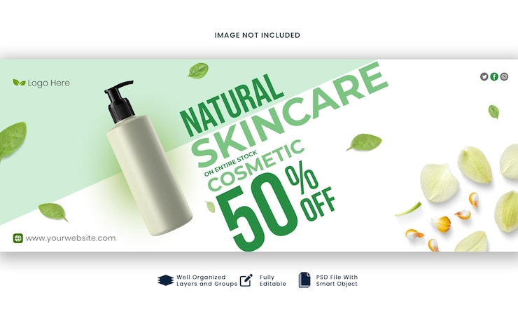 PSD couverture facebook promotionnelle de la bannière de remise sur les cosmétiques naturels pour le soin de la peau