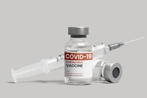 COVID-19-Impfstoffflaschenetikett-Mockup mit Spritze psd