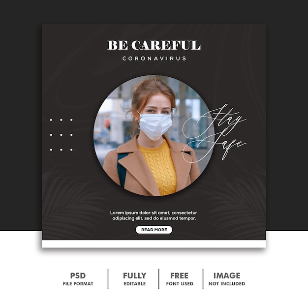 Covid 19 social media banner template instagram, be careful girl amarillo con máscara