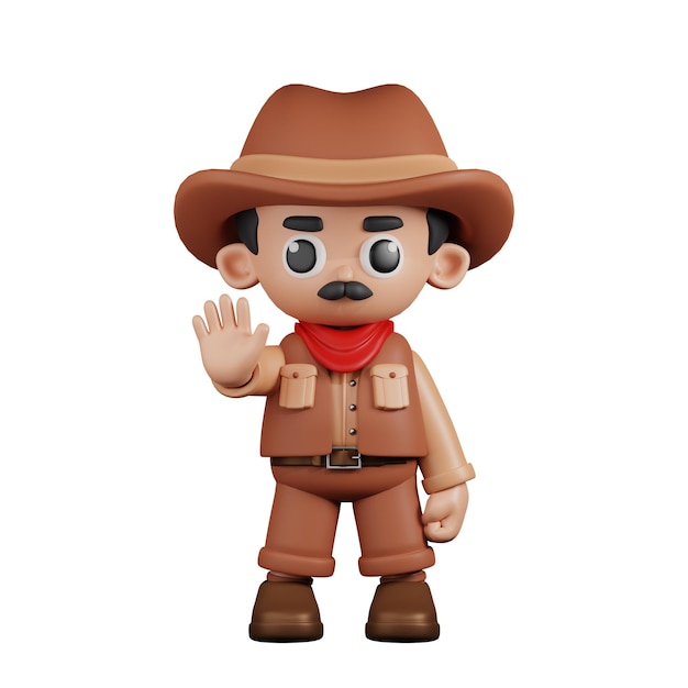 Cowboy de personnage 3D faisant la pose du panneau d'arrêt