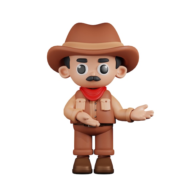 Cowboy de personnage 3D pointant vers quelque chose pose