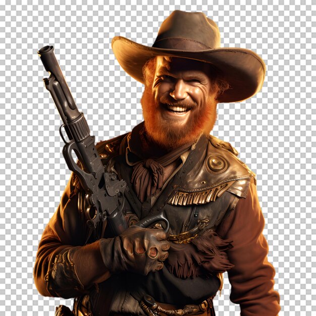 PSD cowboy segurando uma arma isolada em fundo transparente