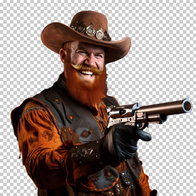 PSD cowboy segurando uma arma isolada em fundo transparente