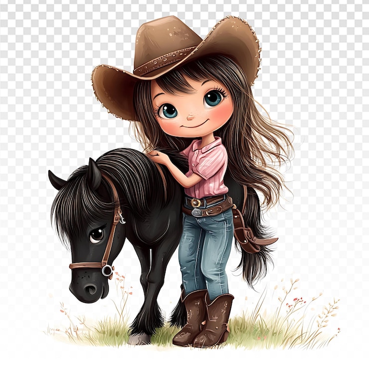 PSD cowgirl adorável e seu pônei preto em um fundo branco