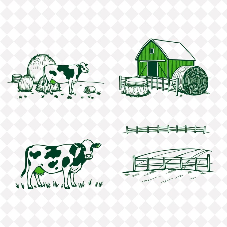 PSD cows barns haystacks fences kühe stehen in der nähe einer roten scheune große heuhaufen hoch gestapelt