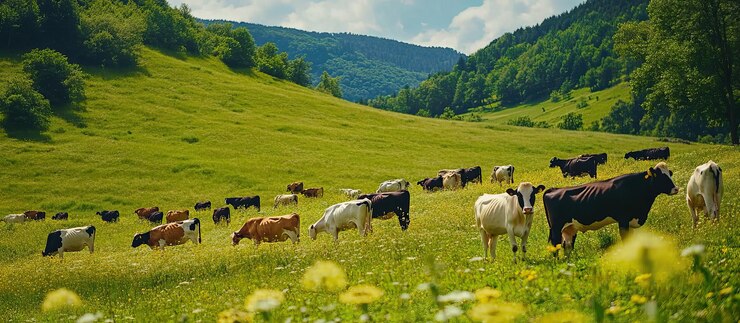 PSD cows grazing in a lush green meadow