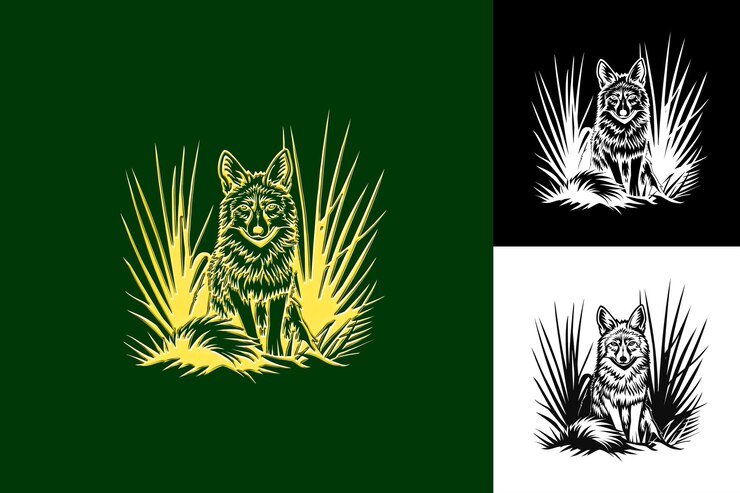 PSD coyote con un logotipo salvaje que representa el animal y diseños decorados de símbolos culturales de w méxico