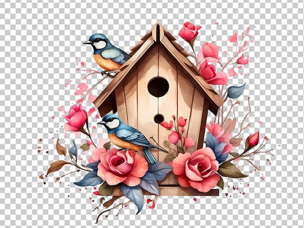 PSD cozy birdhouse with flowers spring leaves and chickadee watercolor realistic illustration