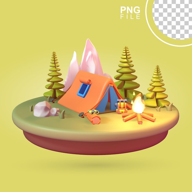 PSD cozy camping retreat icono 3d ilustración de ambiente de carpa y fogata