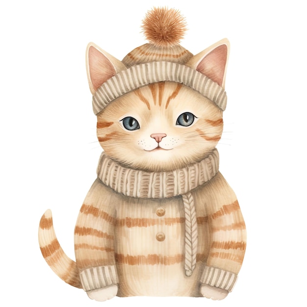 PSD cozy christmas cat aquarelle tone de la terre clipart de chat isolé sur fond blanc