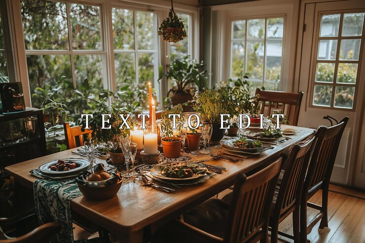 PSD cozy dining room with candlelit table plants and delicious food
