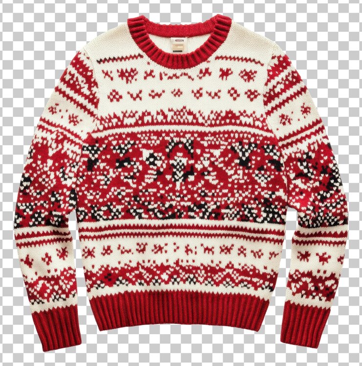 PSD cozy red and white knit sweater for winter warmth isolated on transparent background