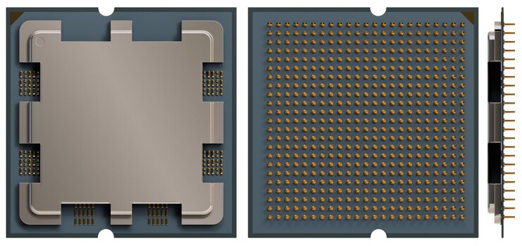 PSD cpu chip dettagliata anteriore posteriore e laterale vista senza marcatori rendering 3d