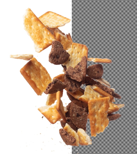 Cracker mezclado mantequilla galleta chocolate chip caer volar en el aire galleta flotante Mixed Cracker mantequilla cookie chocolate chip crack crujiente lanzar en el aire fondo blanco movimiento de congelación aislado