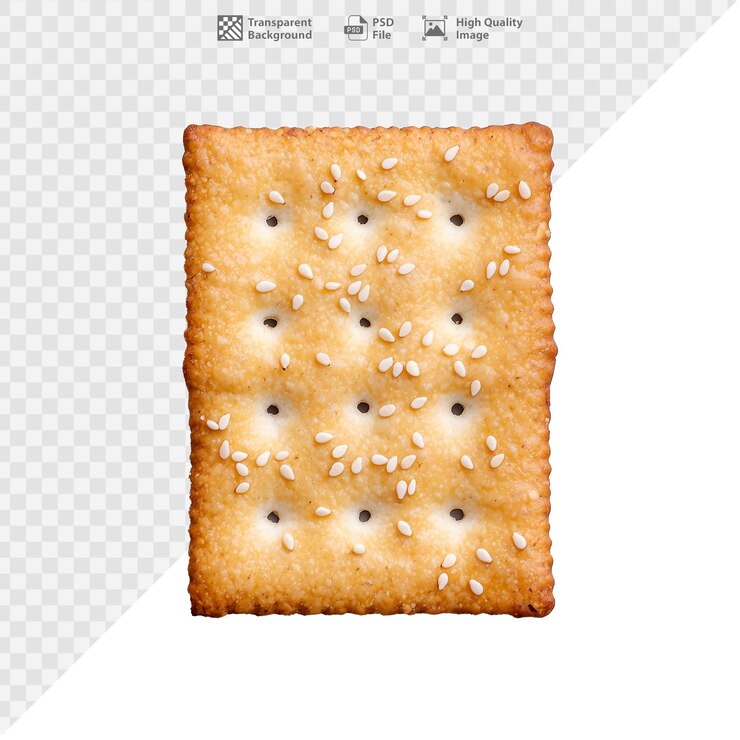 PSD cracker de sésamo crujiente con textura marrón dorado y agujeros en un fondo transparente